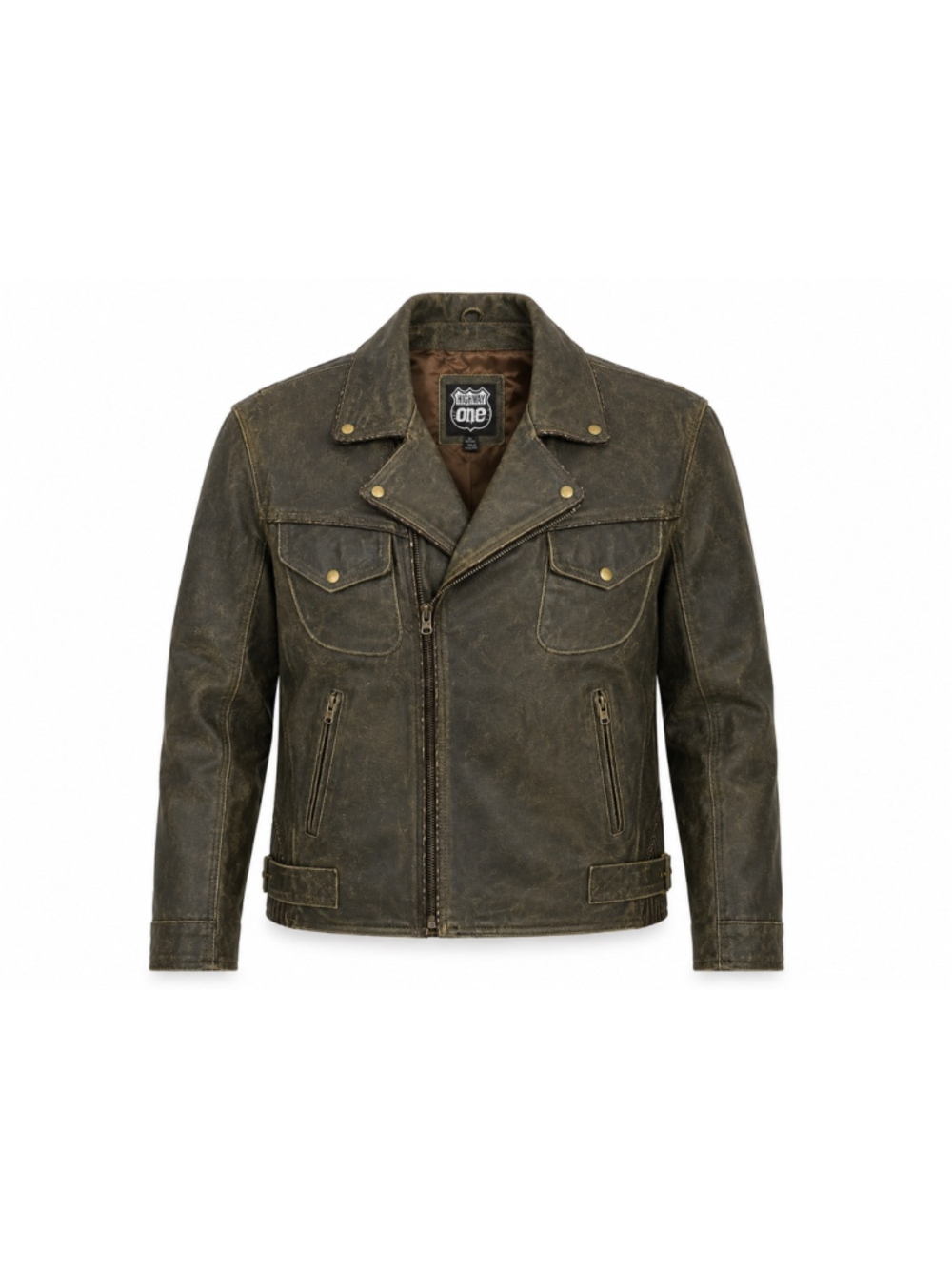 Vtg Y2K Highway One Men Leather Motorcycle Jacket Sz XXL Distressed Olive Brown